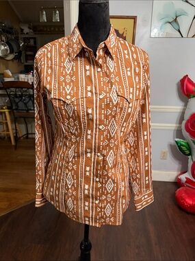 Woven Aztec-Print Button-Down Shirt in Rust
